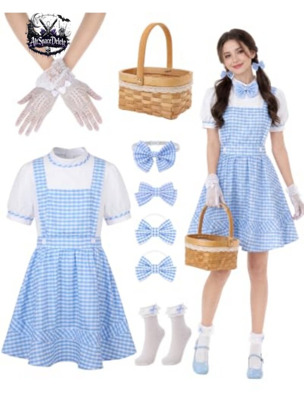 7 Pc Women's Costume Set Dress Socks Bows Gloves Basket Cosplay